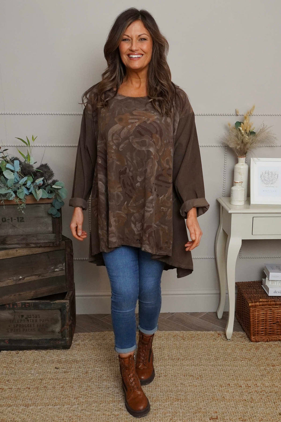 Kacey Print Needlecord Top Nutmeg