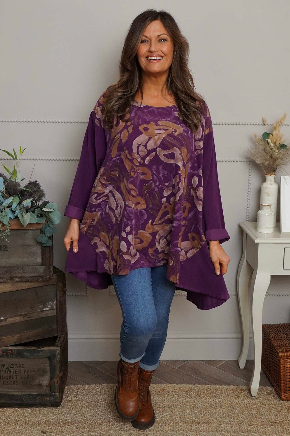 Kacey Print Needlecord Top Purple