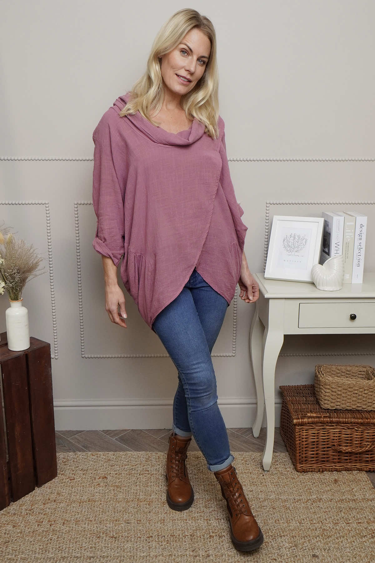 Beulah Cowl Neck Cotton Top Grape