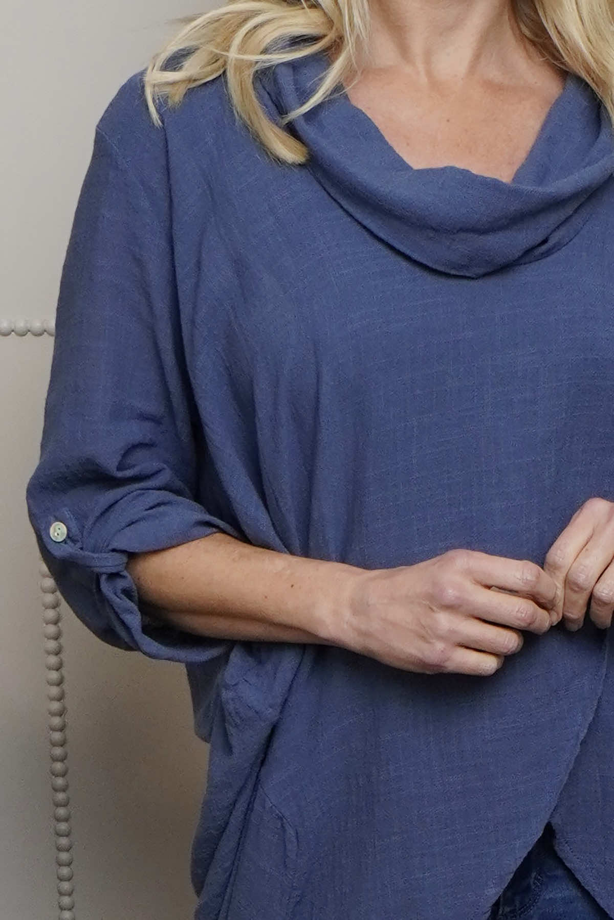 Beulah Cowl Neck Cotton Top Dark Blue
