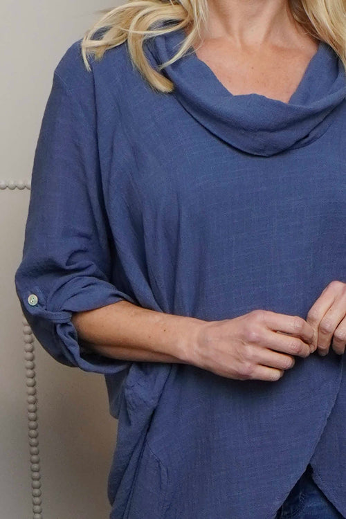 Beulah Cowl Neck Cotton Top Dark Blue - Image 3