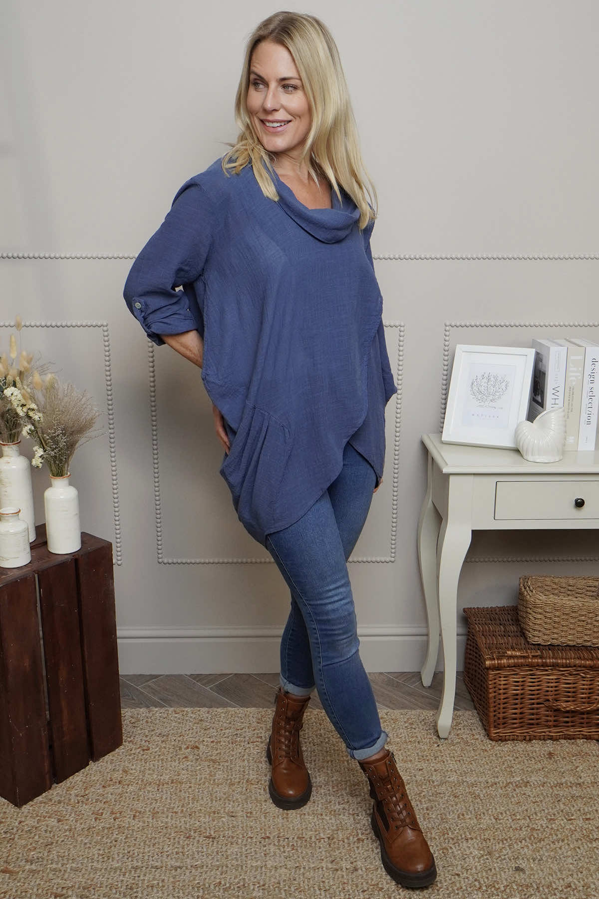 Beulah Cowl Neck Cotton Top Dark Blue