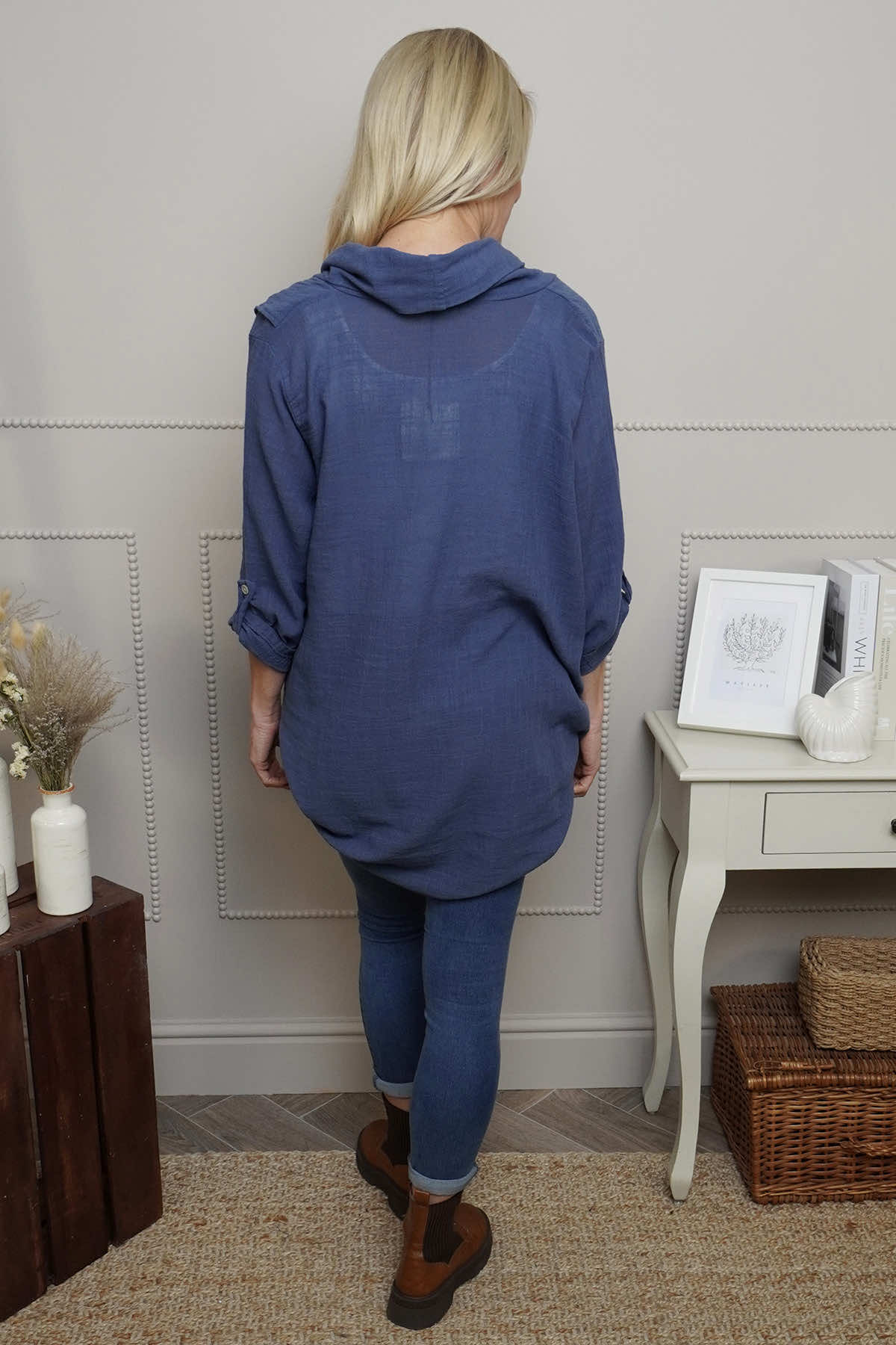 Beulah Cowl Neck Cotton Top Dark Blue