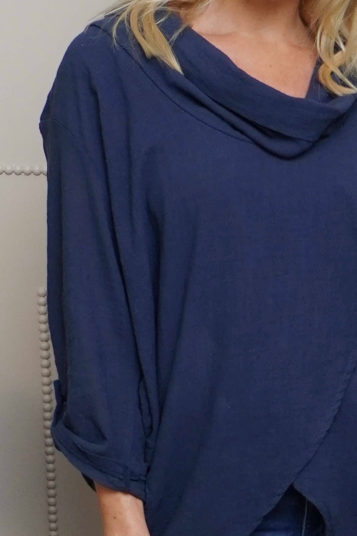 Beulah Cowl Neck Cotton Top Navy
