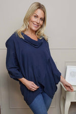 Beulah Cowl Neck Cotton Top Navy Navy - Beulah Cowl Neck Cotton Top Navy