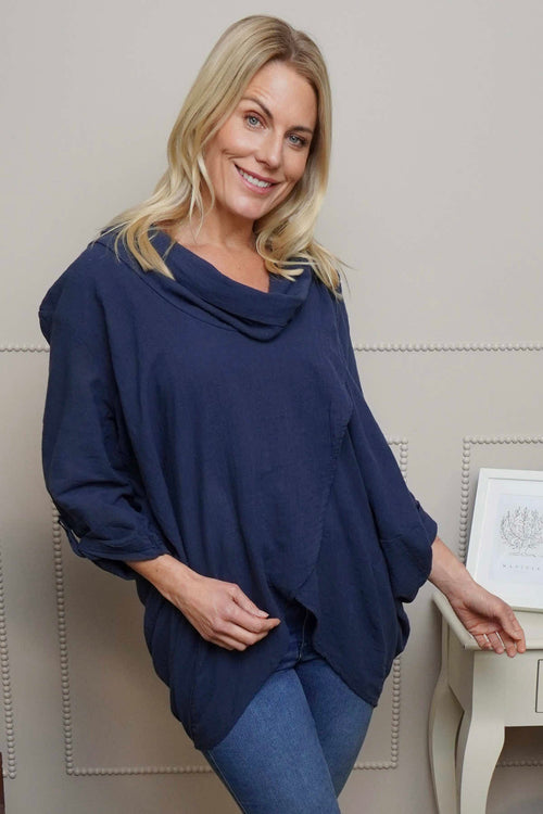 Beulah Cowl Neck Cotton Top Navy - Image 1