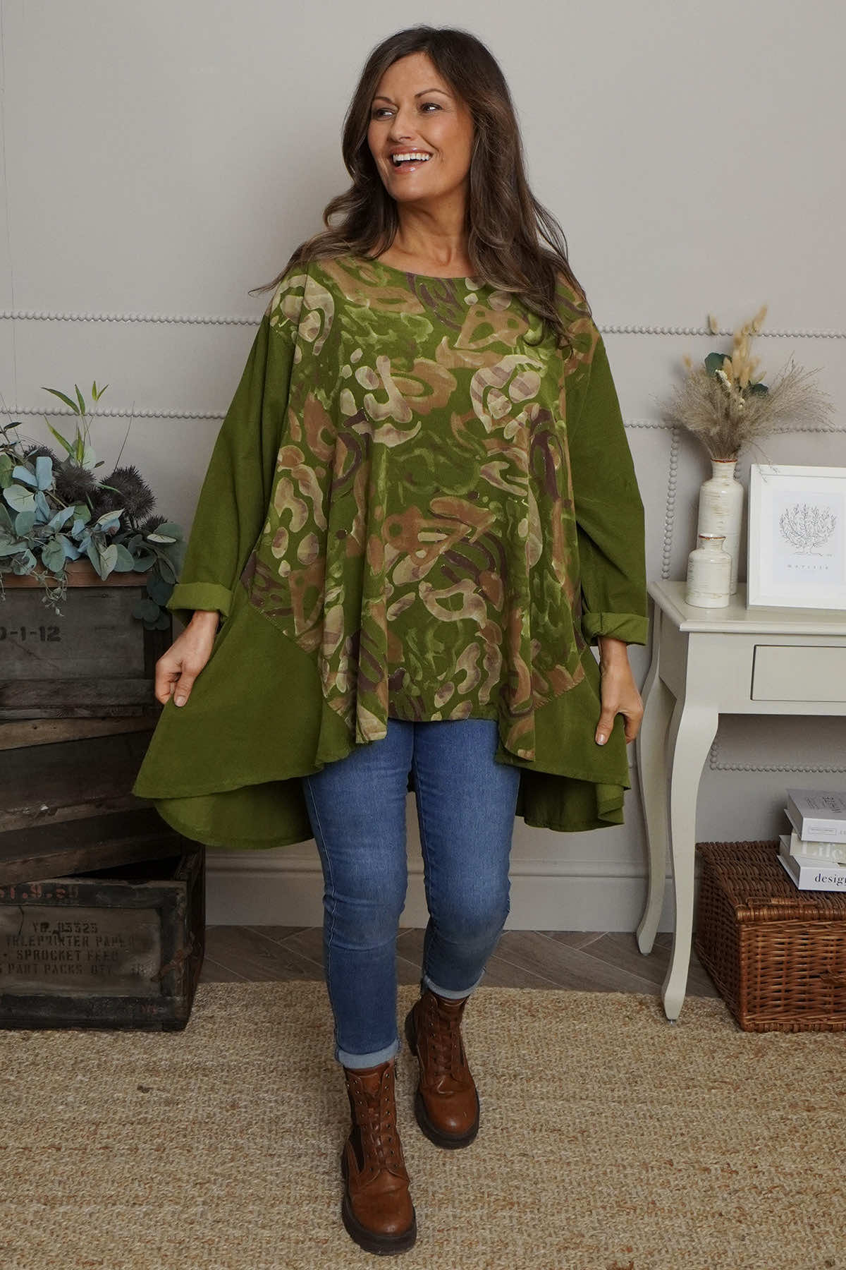 Kacey Print Needlecord Top Olive