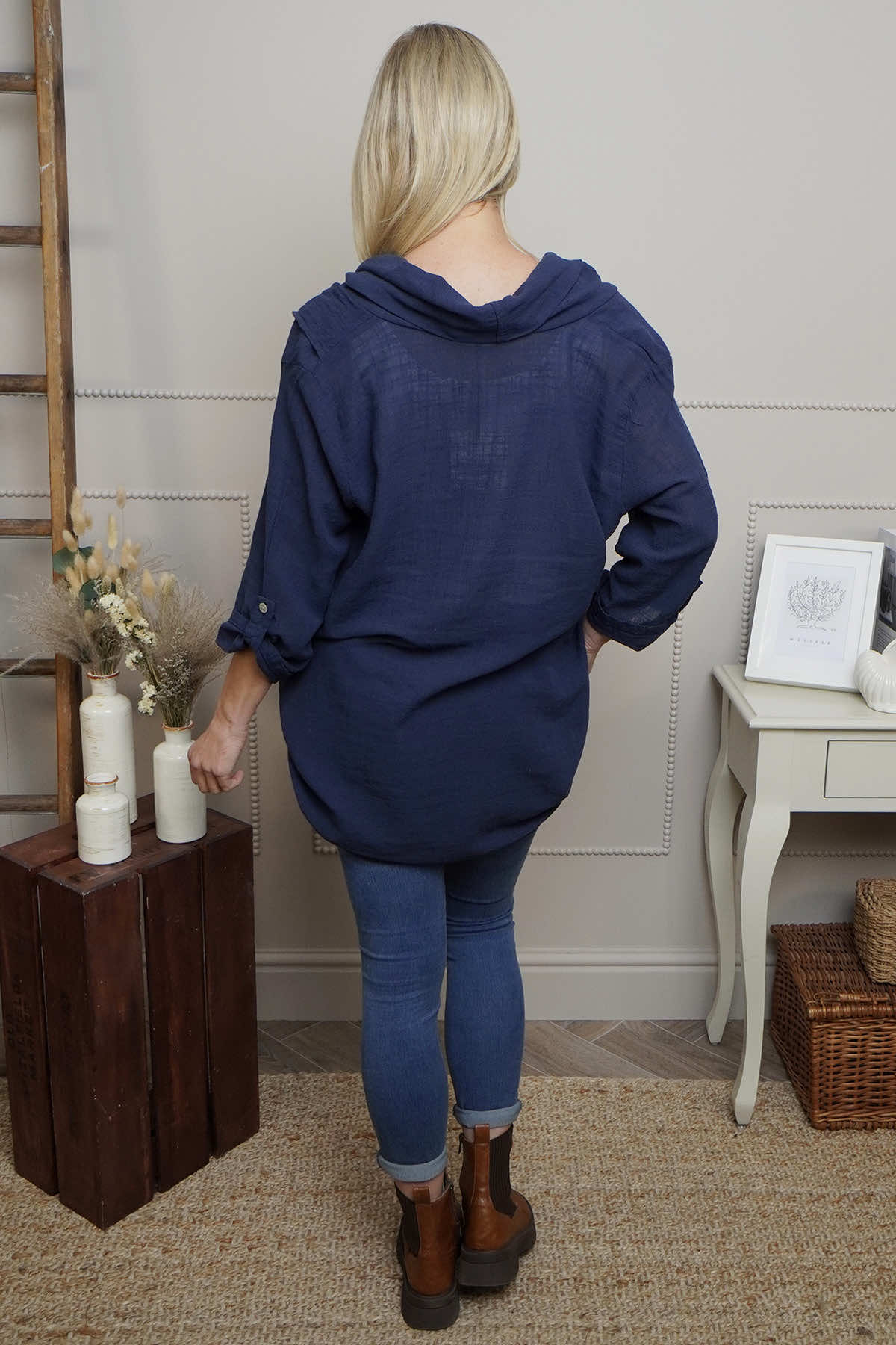 Beulah Cowl Neck Cotton Top Navy