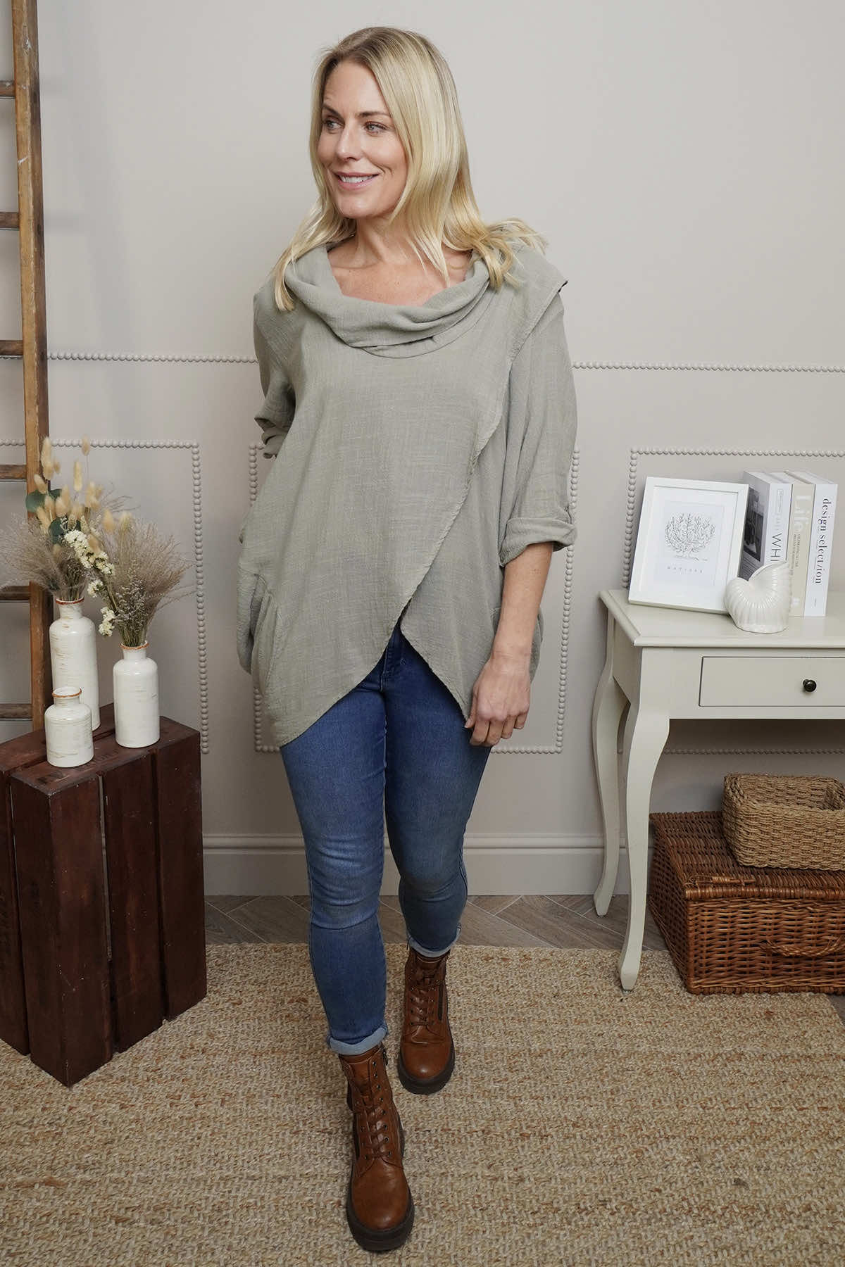 Beulah Cowl Neck Cotton Top Mocha