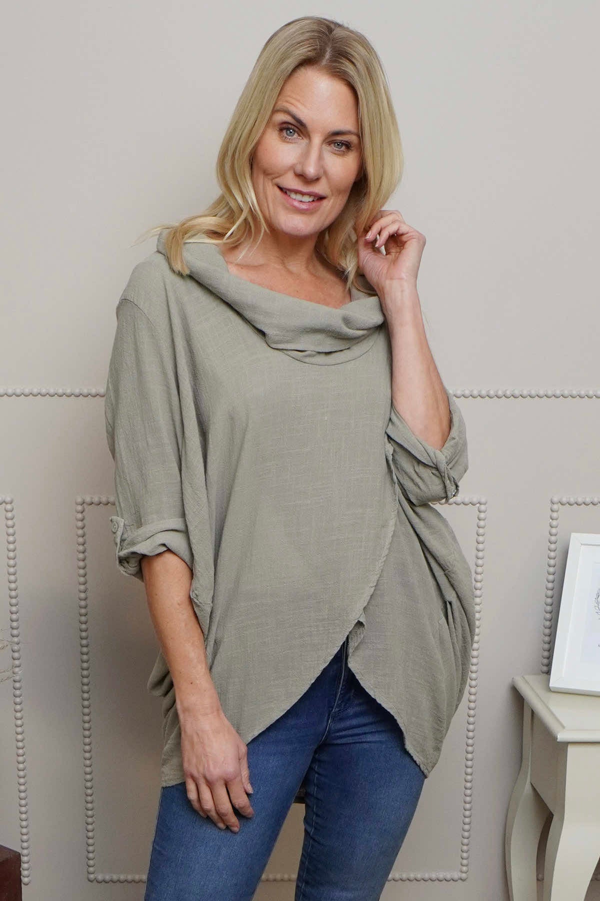 Beulah Cowl Neck Cotton Top Mocha