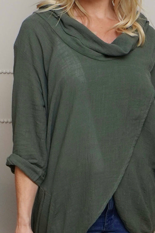 Beulah Cowl Neck Cotton Top Khaki - Image 3