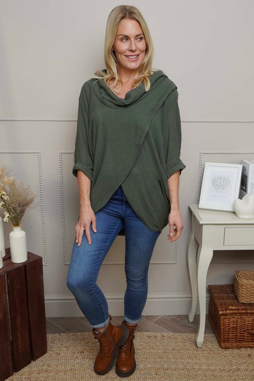 Beulah Cowl Neck Cotton Top Khaki - Image 1