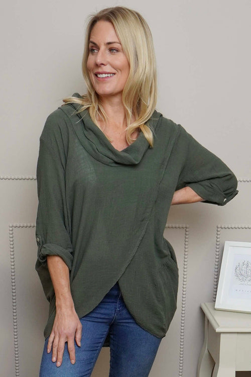 Beulah Cowl Neck Cotton Top Khaki - Image 2