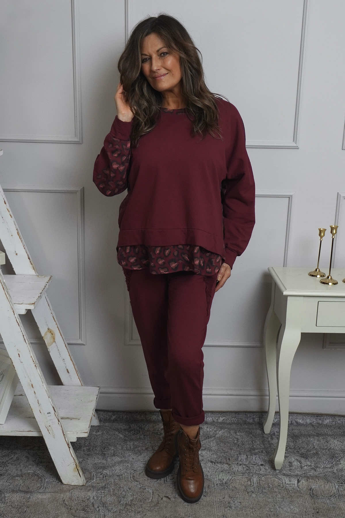 Nicky Leopard Print Cotton Top Burgundy