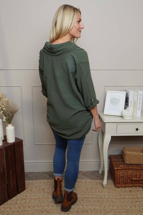 Beulah Cowl Neck Cotton Top Khaki - Image 4