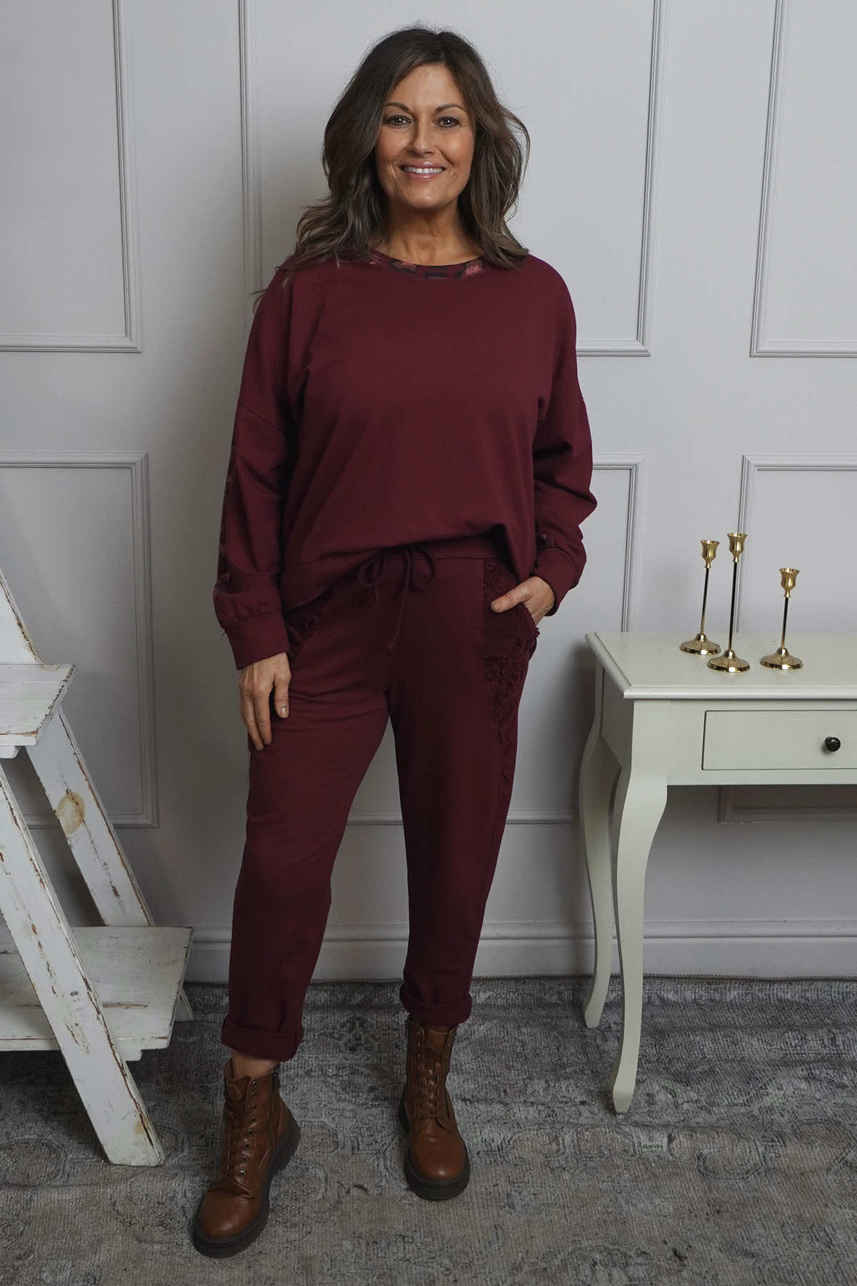 Lina Cord Detail Cotton Joggers Burgundy