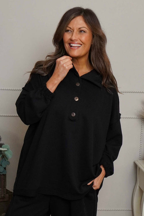 Sybil Button Cotton Sweatshirt Black - Image 2