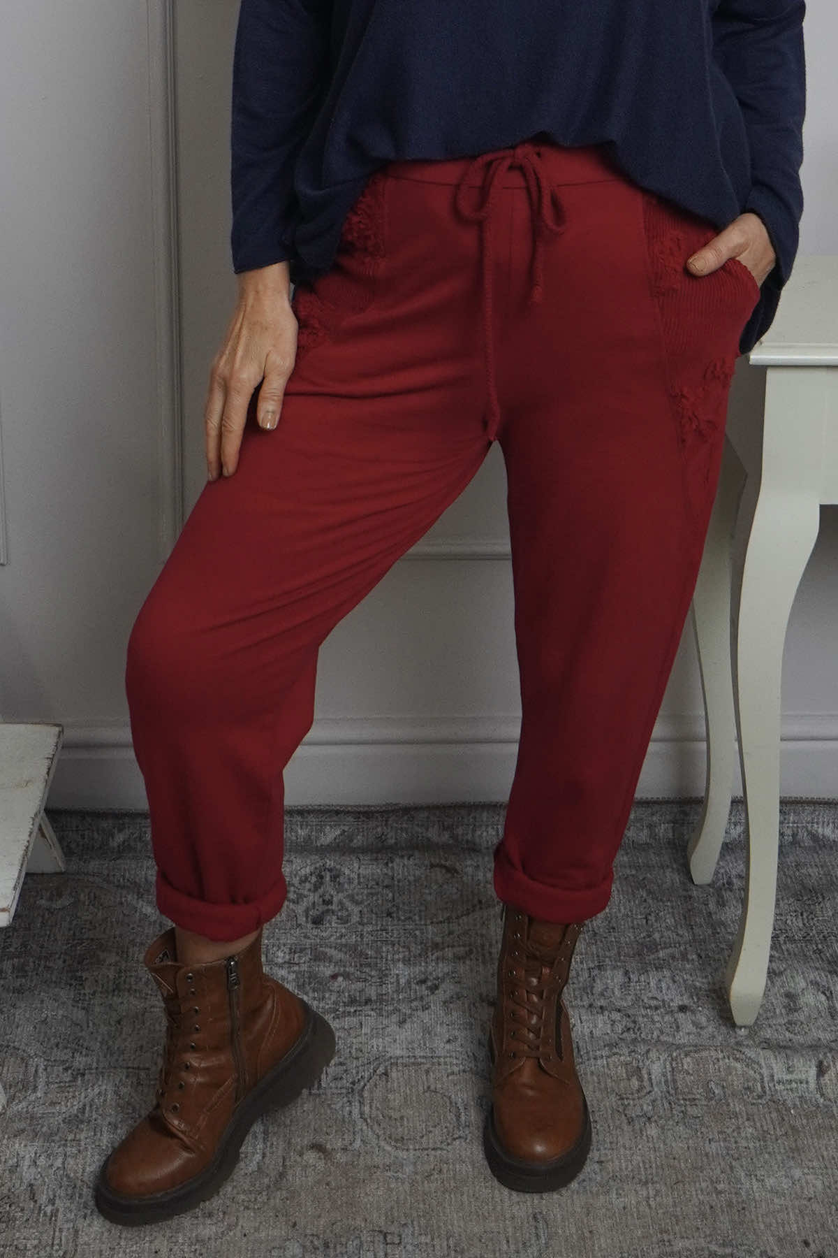 Lina Cord Detail Cotton Joggers Red