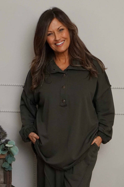 Sybil Button Cotton Sweatshirt Khaki - Image 2