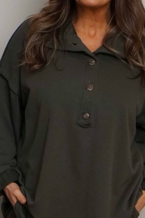 Sybil Button Cotton Sweatshirt Khaki - Image 3