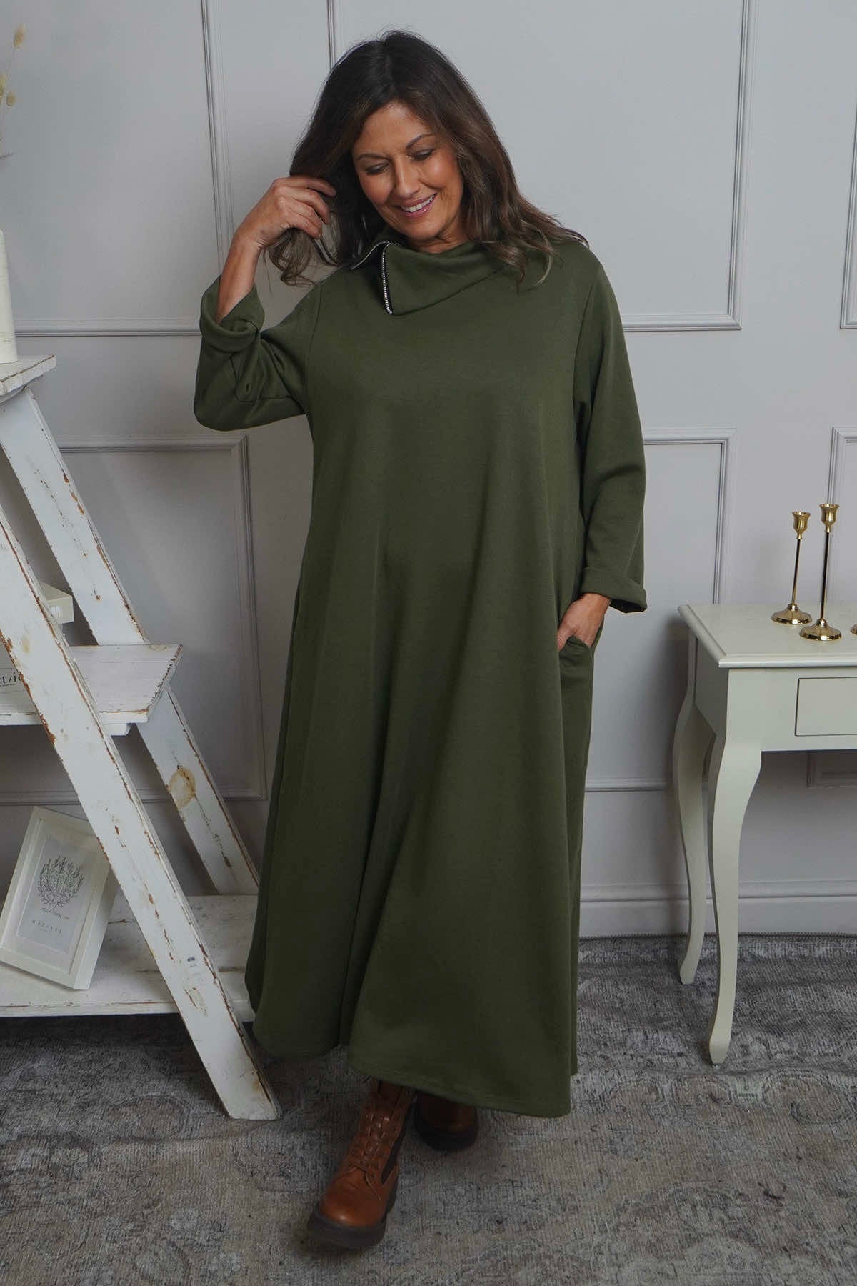 Wanda Zip Polo Cotton Dress Khaki