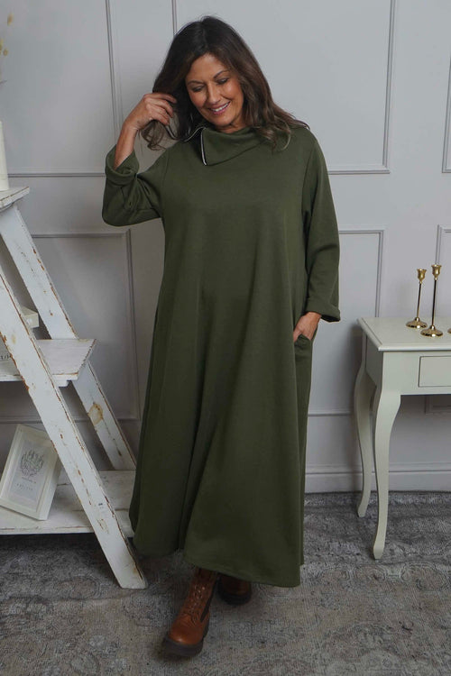 Wanda Zip Polo Cotton Dress Khaki - Image 1