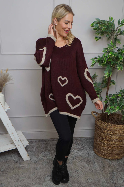 Milena Heart Knitted Jumper Wine - Image 2