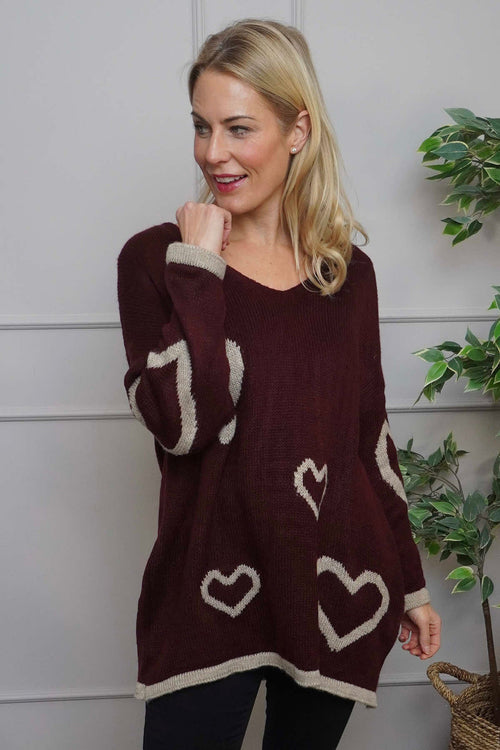 Milena Heart Knitted Jumper Wine - Image 1