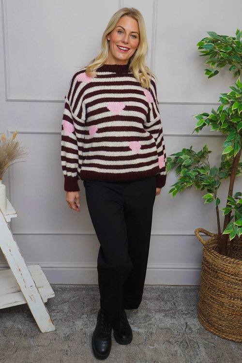 Carina Heart Stripe Knitted Jumper Wine - Image 1