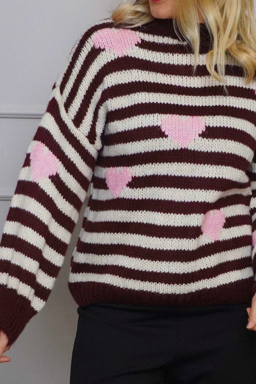Carina Heart Stripe Knitted Jumper Wine - Image 3