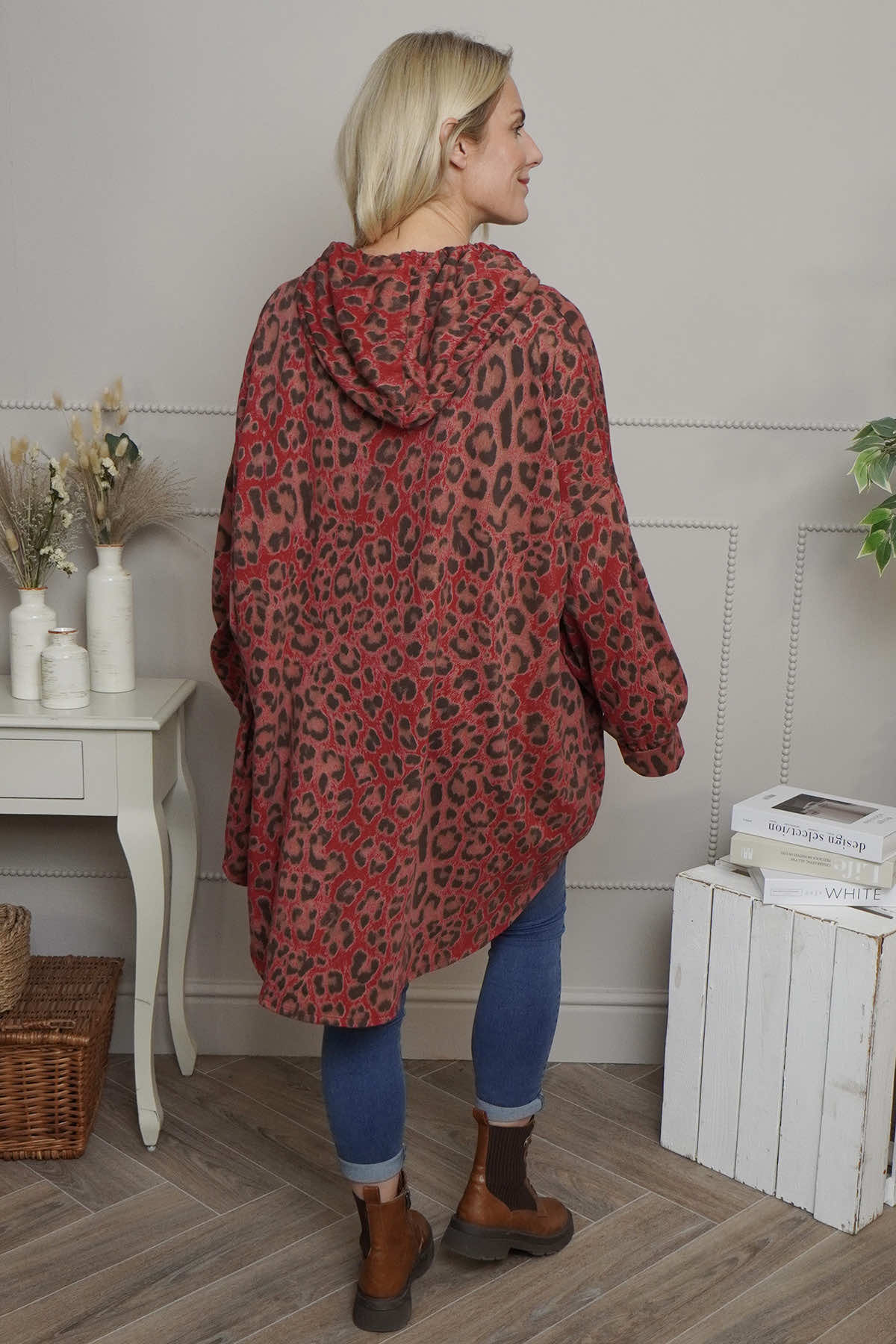 Shayla Leopard Hooded Cotton Top Red