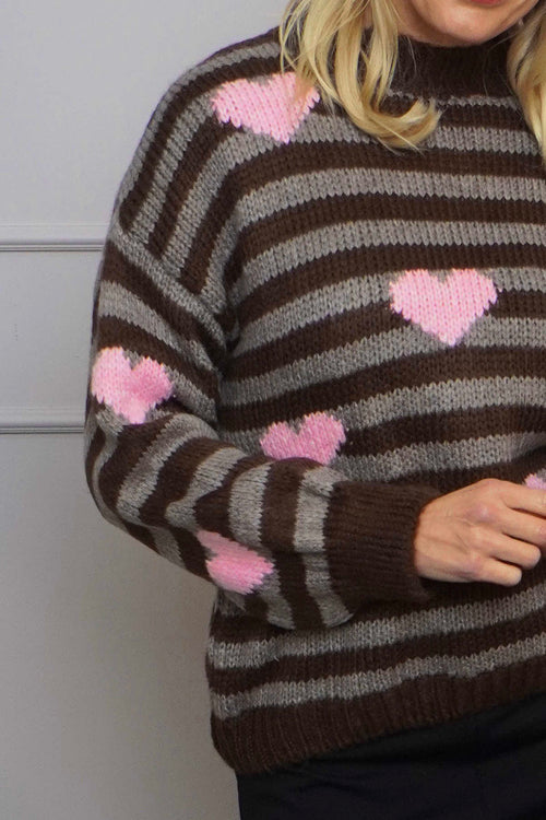Carina Heart Stripe Knitted Jumper Cocoa - Image 3