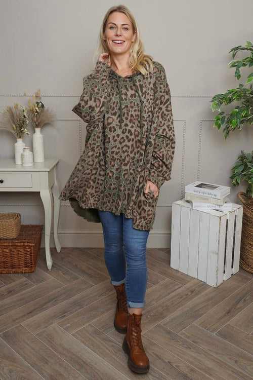 Shayla Leopard Hooded Cotton Top Khaki - Image 1