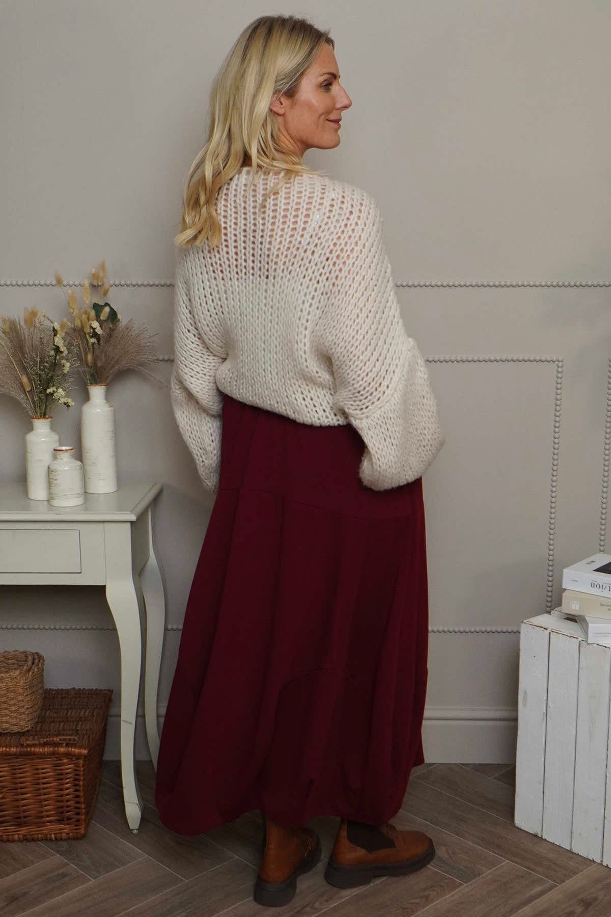 Georgetta Belted Cotton Skirt Wine