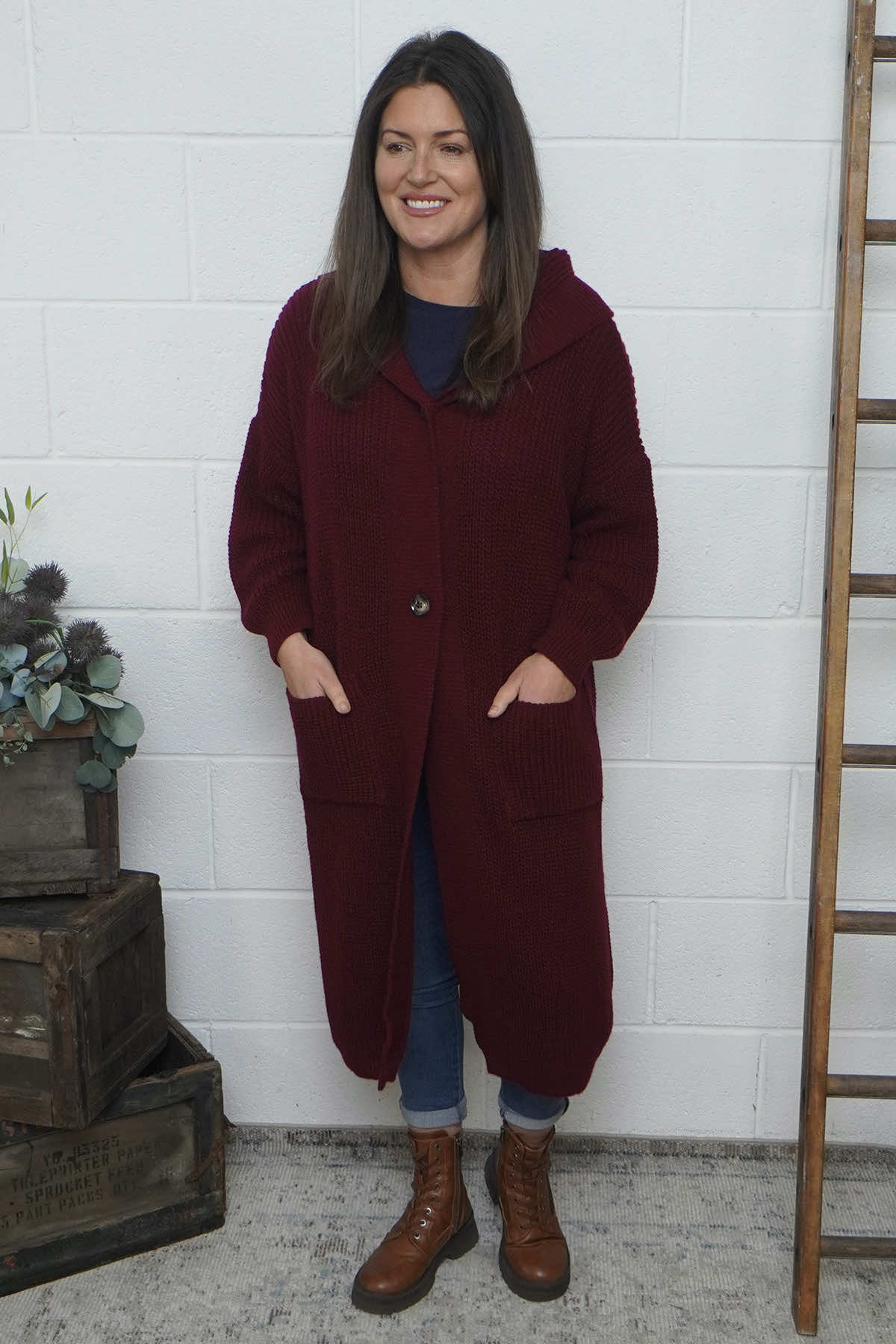 Alison Hooded Knitted Jacket Wine