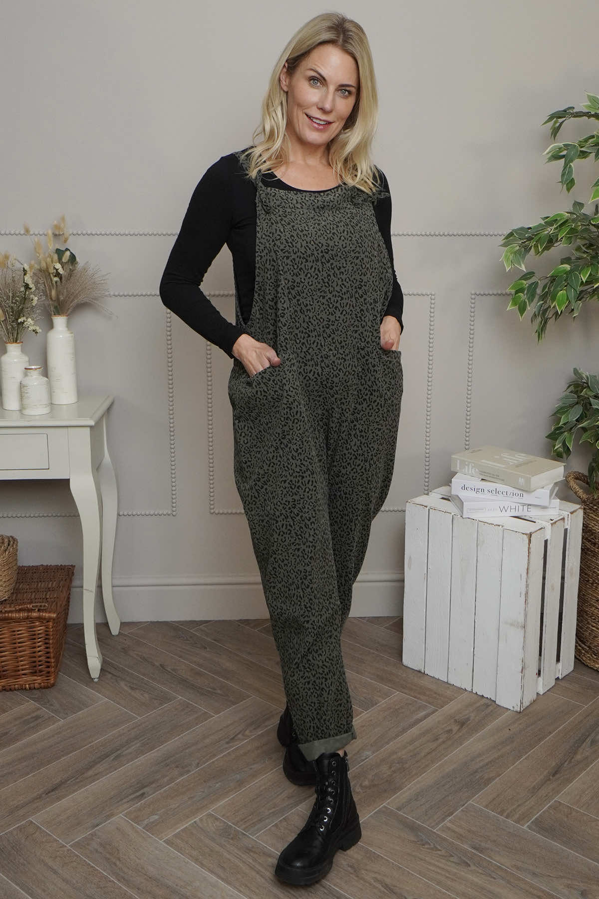 Pabo Leopard Needlecord Dungarees Khaki