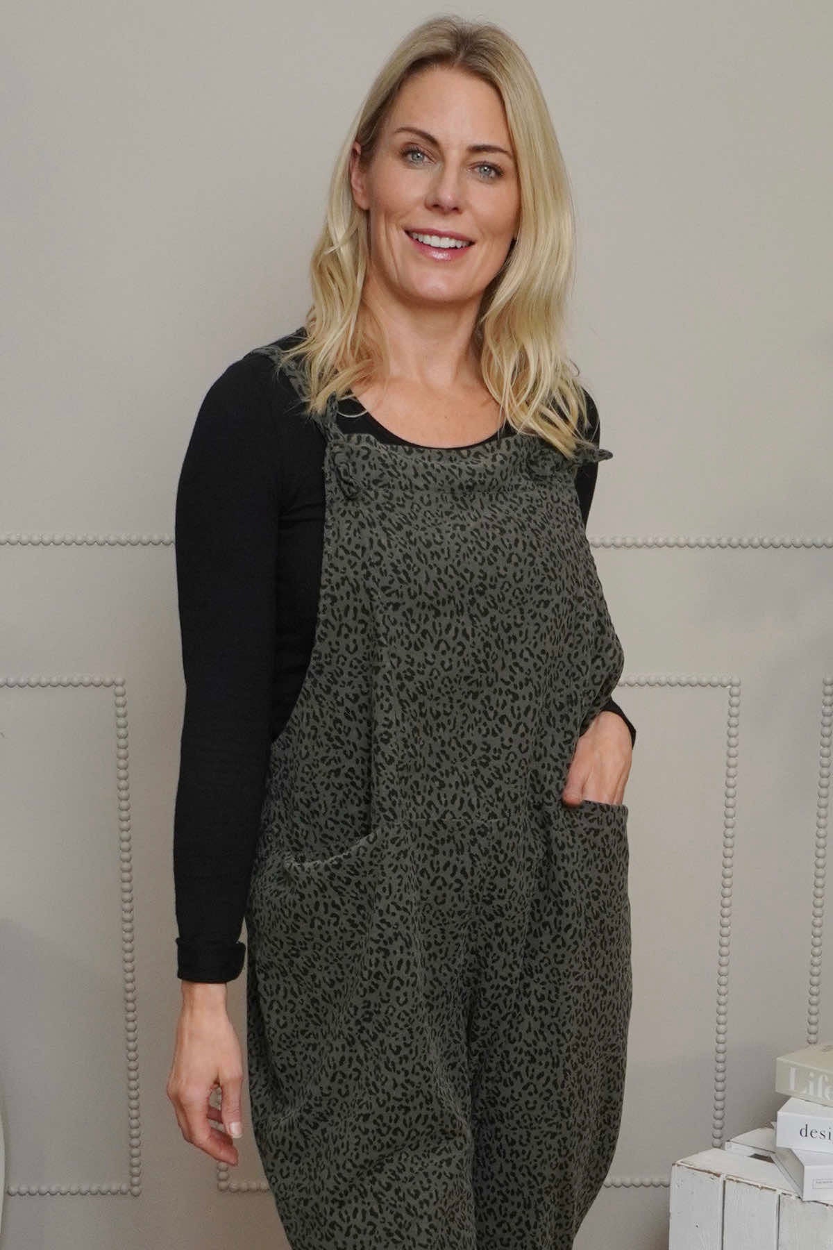 Pabo Leopard Needlecord Dungarees Khaki