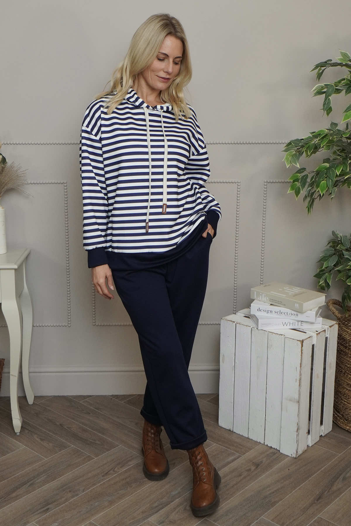 Selena Stripe Hooded Top Navy