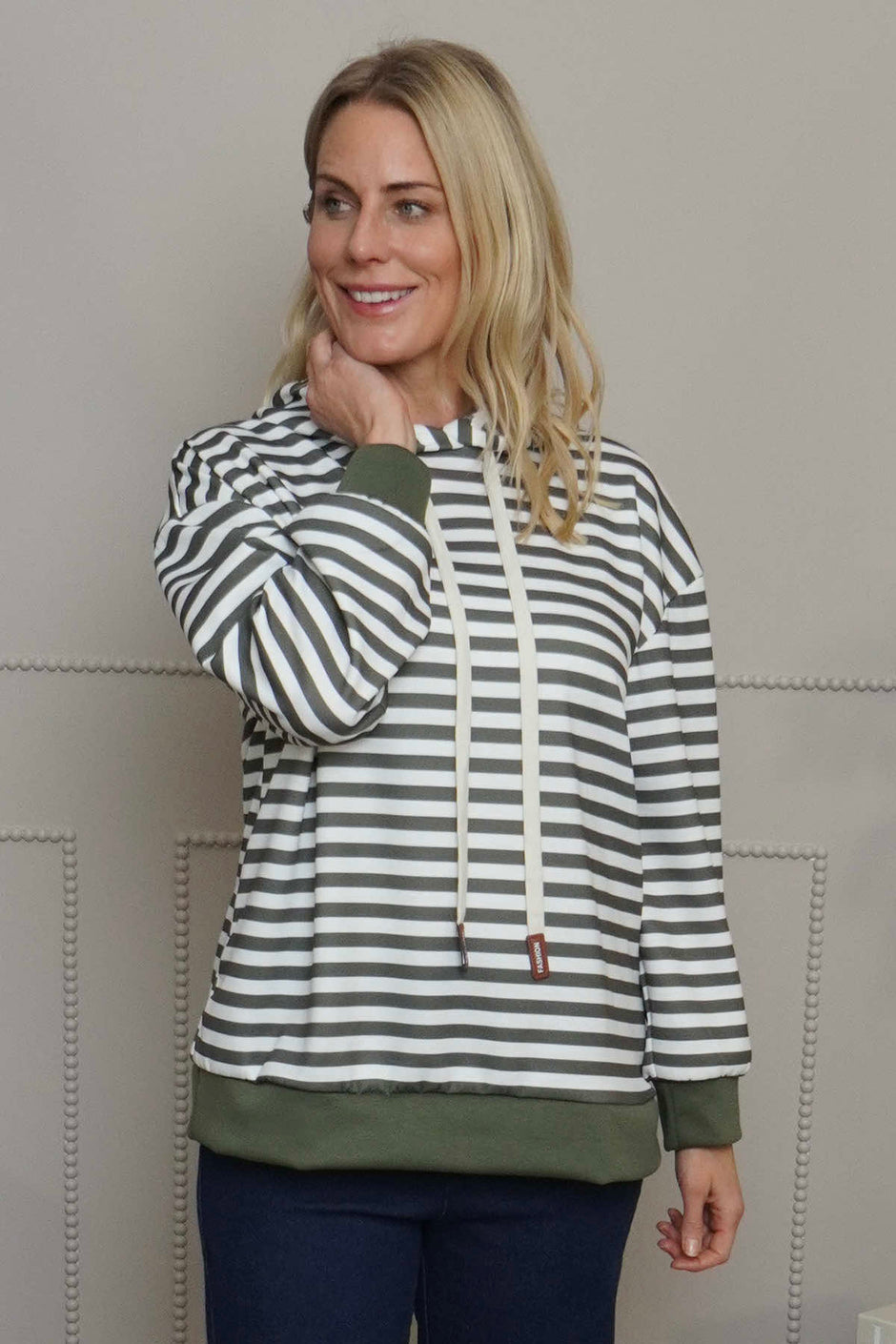 Selena Stripe Hooded Top Khaki