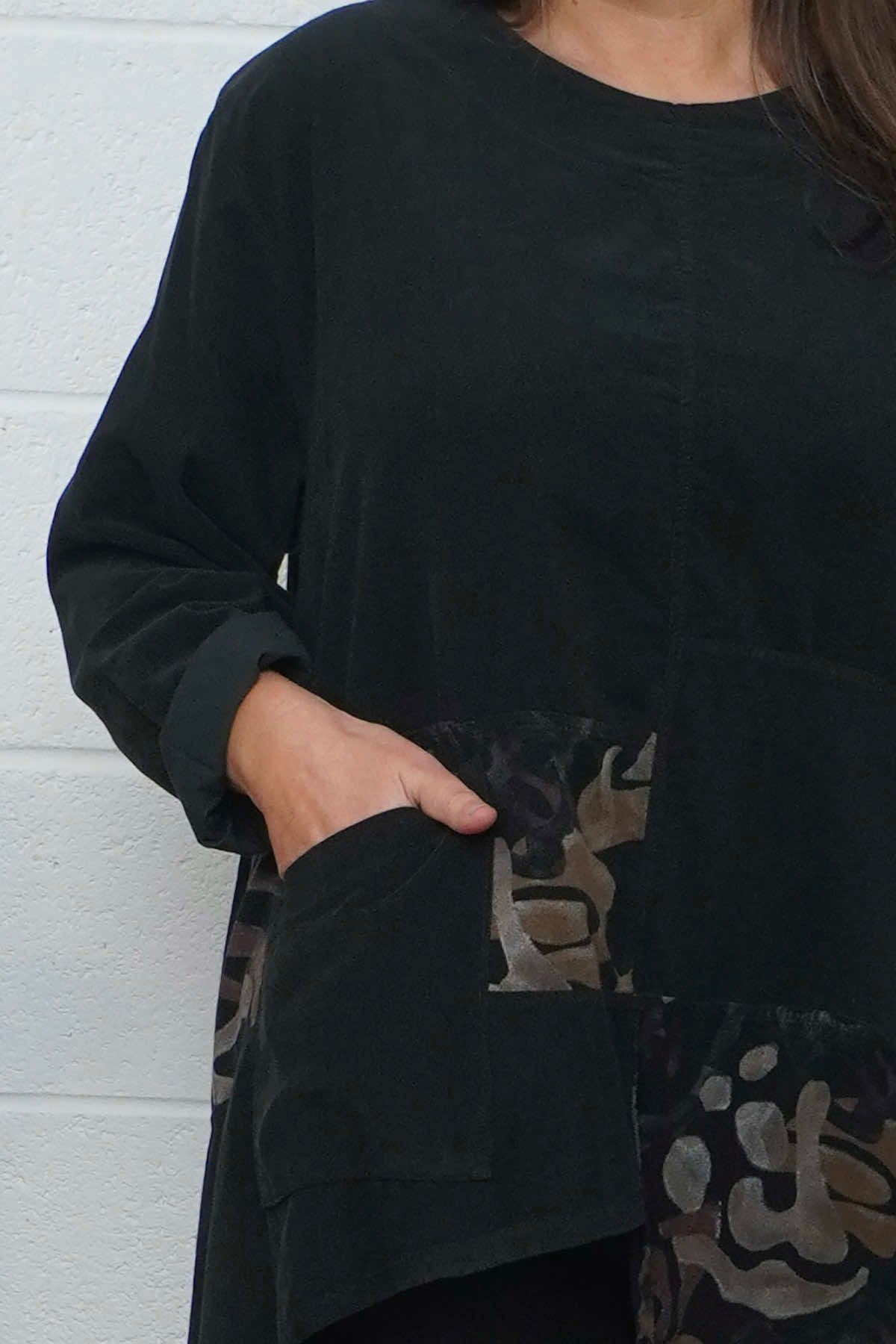 Berenice Print Detail Needlecord Top Black
