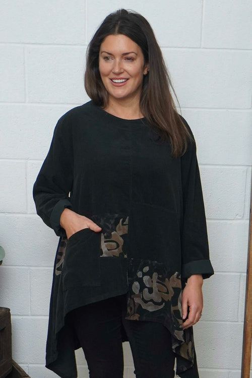 Berenice Print Detail Needlecord Top Black - Image 2