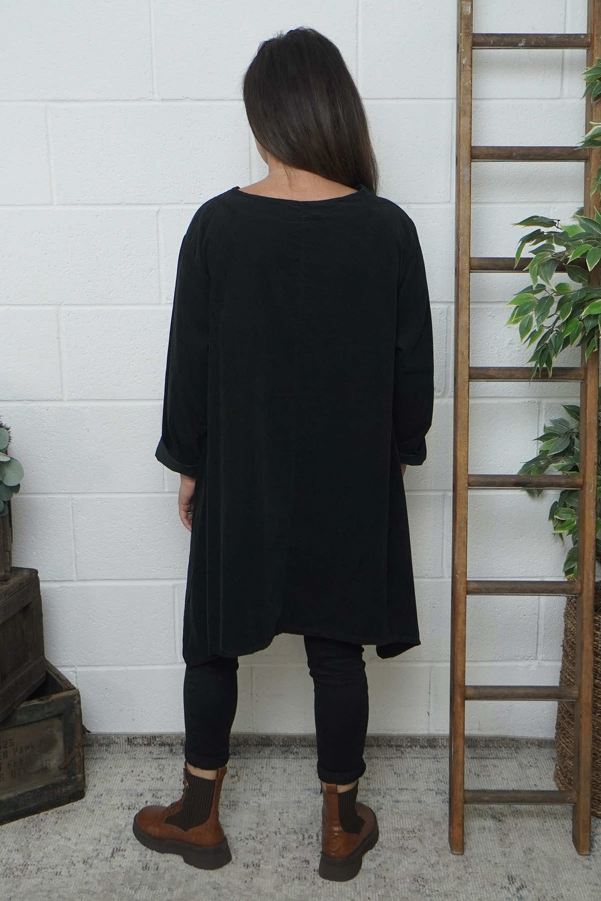 Berenice Print Detail Needlecord Top Black