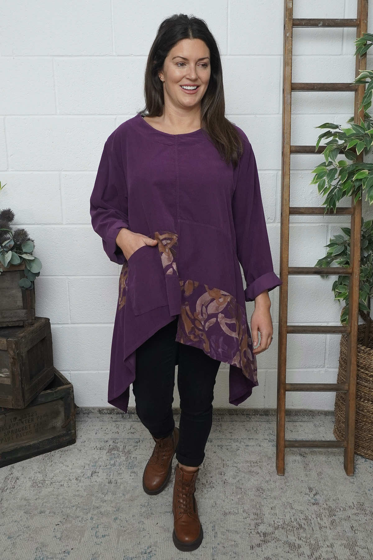 Berenice Print Detail Needlecord Top Purple