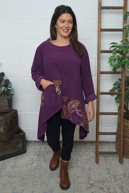Berenice Print Detail Needlecord Top Purple - Image 2