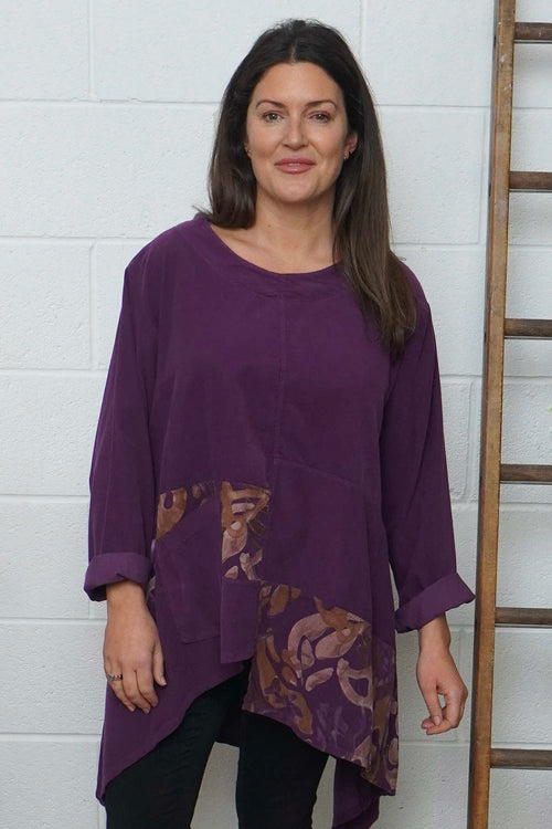 Berenice Print Detail Needlecord Top Purple - Image 1