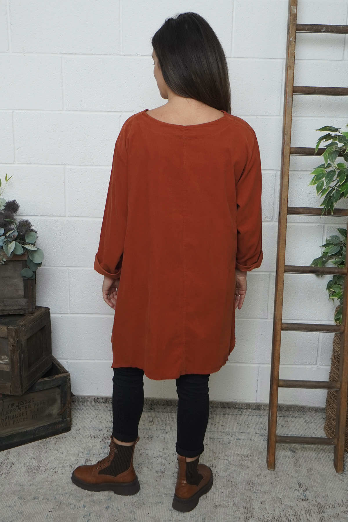 Berenice Print Detail Needlecord Top Burnt Orange