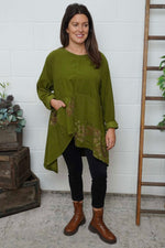 Berenice Print Detail Needlecord Top Olive Olive - Berenice Print Detail Needlecord Top Olive