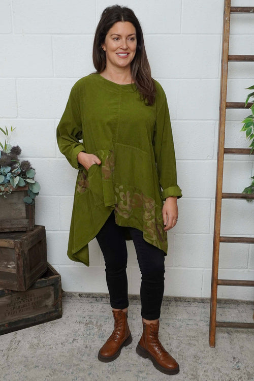 Berenice Print Detail Needlecord Top Olive - Image 1