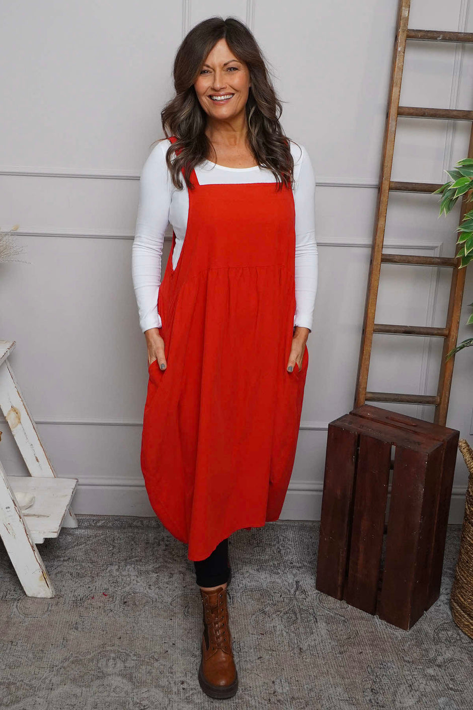 Meredith Needlecord Pinafore Red