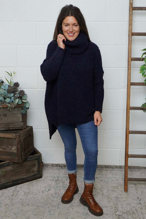 Shani Boucle Polo Knitted Jumper Navy - Image 1